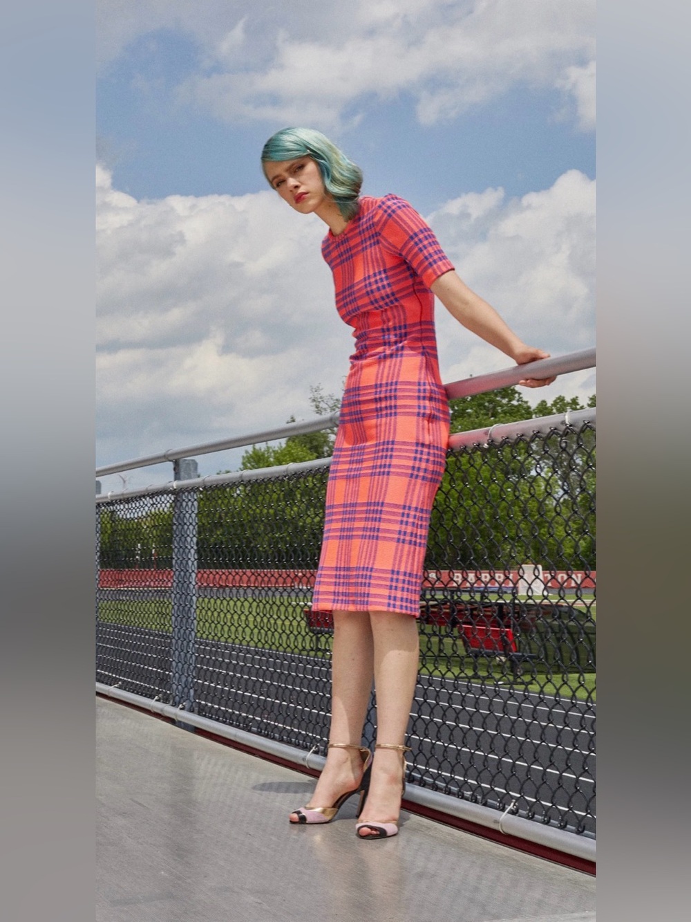 Cynthia Rowley Harper stretch Pink and Purple Plaid Midi Sheath Dress $425